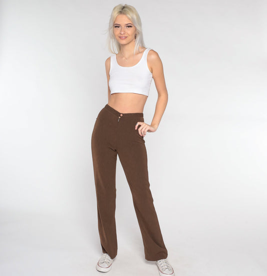 Y2K Brown High-Waisted Straight Leg Pants Sparkly Squiggle XS