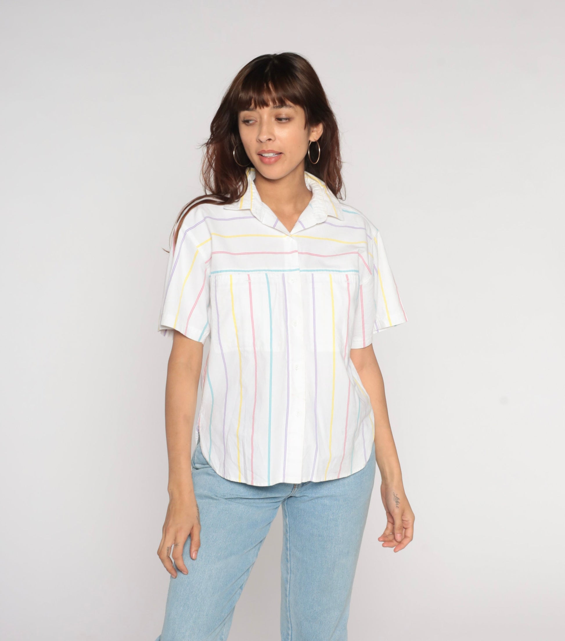 90s White Rainbow Striped Button-Up Blouse Short Sleeve Collared Cotton Medium