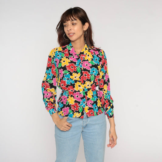90s Liz Claiborne Floral Button Up Blouse Black Colorful Print Long Sleeve Small