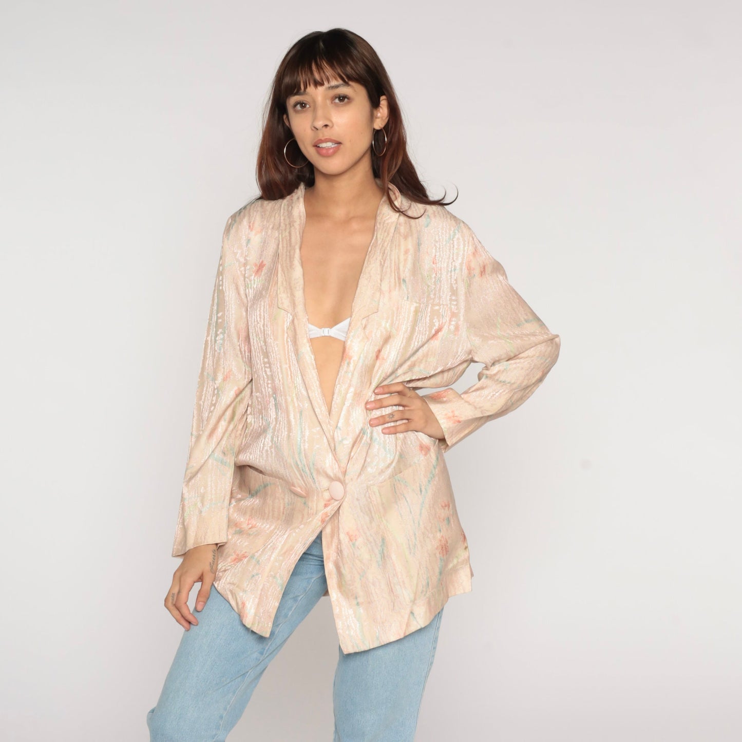 90s Blush Pink Floral Abstract Blazer Double Breasted Embossed Shiny Jacket Large L