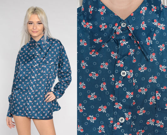 70s Skyr Floral Disco Shirt Blue Dagger Collar Button Up Medium
