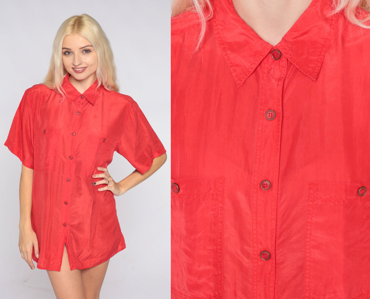 90s Red Silk Button-Up Blouse Short Sleeve Chest Pocket Small S