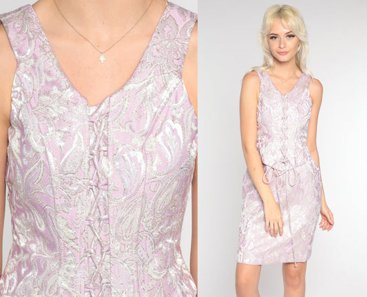 80s Lavender Brocade Floral Mini Dress Lace-Up Sheath Small
