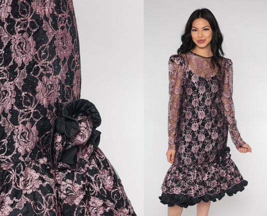 80s Cache Pink Lace Midi Dress Rhinestone Puff Sleeve Illusion Neckline Small