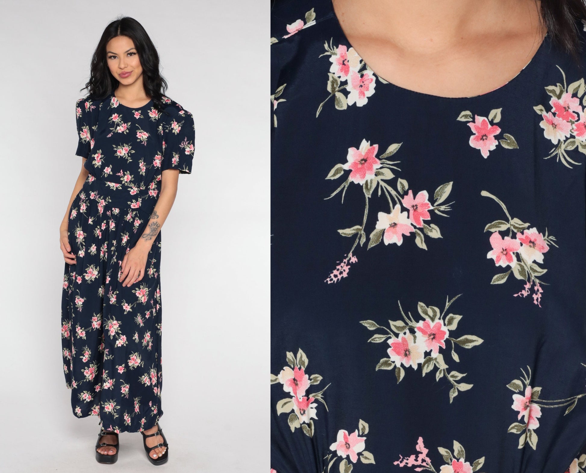 90s Navy Floral Maxi Dress Empire Waist Button Back Short Sleeve Small