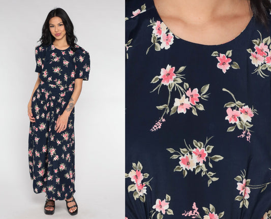 90s Navy Floral Maxi Dress Empire Waist Button Back Short Sleeve Small
