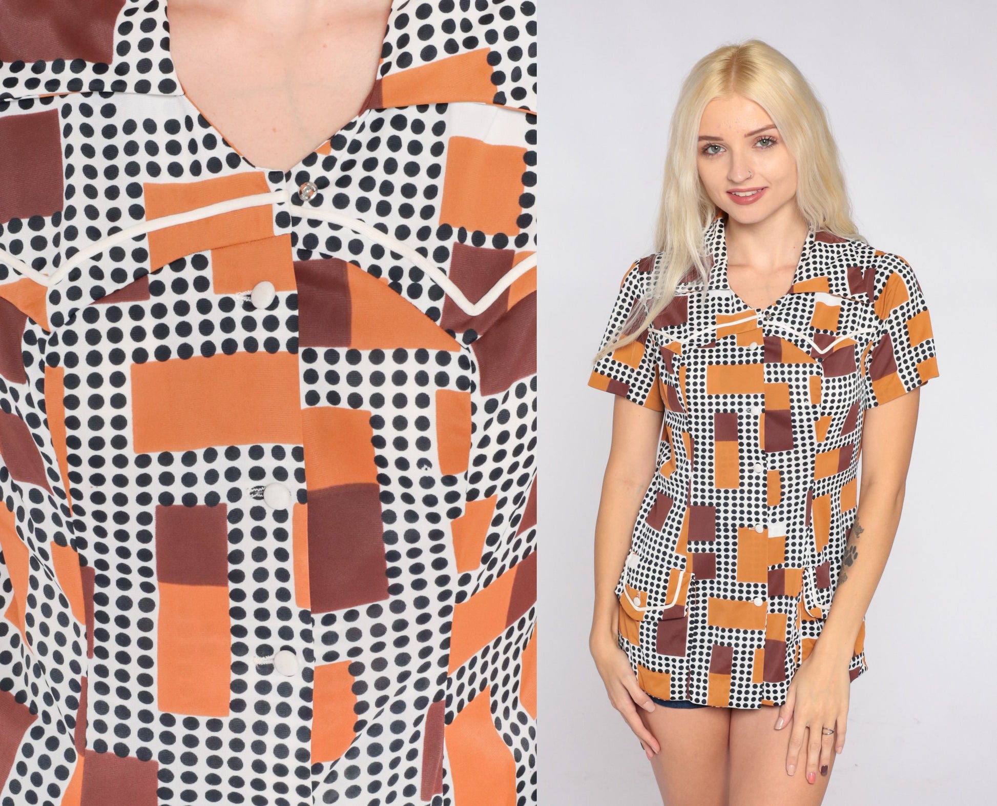 70s Geometric Dot Square Print Button-Up Blouse Black White Brown Small