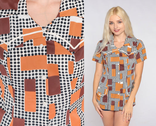 70s Geometric Dot Square Print Button-Up Blouse Black White Brown Small