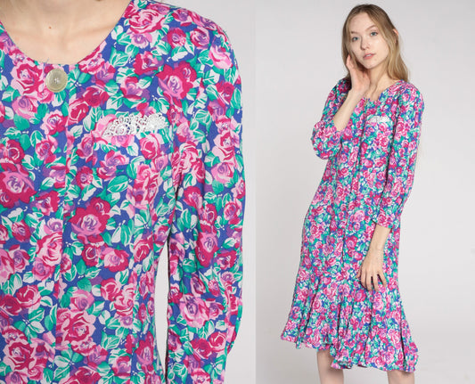 90s Floral Midi Dress Pink Rose Print Button-Up Long Sleeve Drop Waist Small