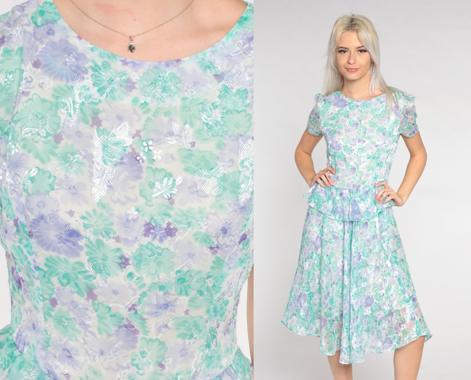 80s Floral Peplum Dress Puff Sleeve Knee-Length White Purple Green Small