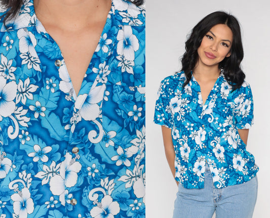 90s Blue Hawaiian Floral Button Up Blouse Short Sleeve Extra Small