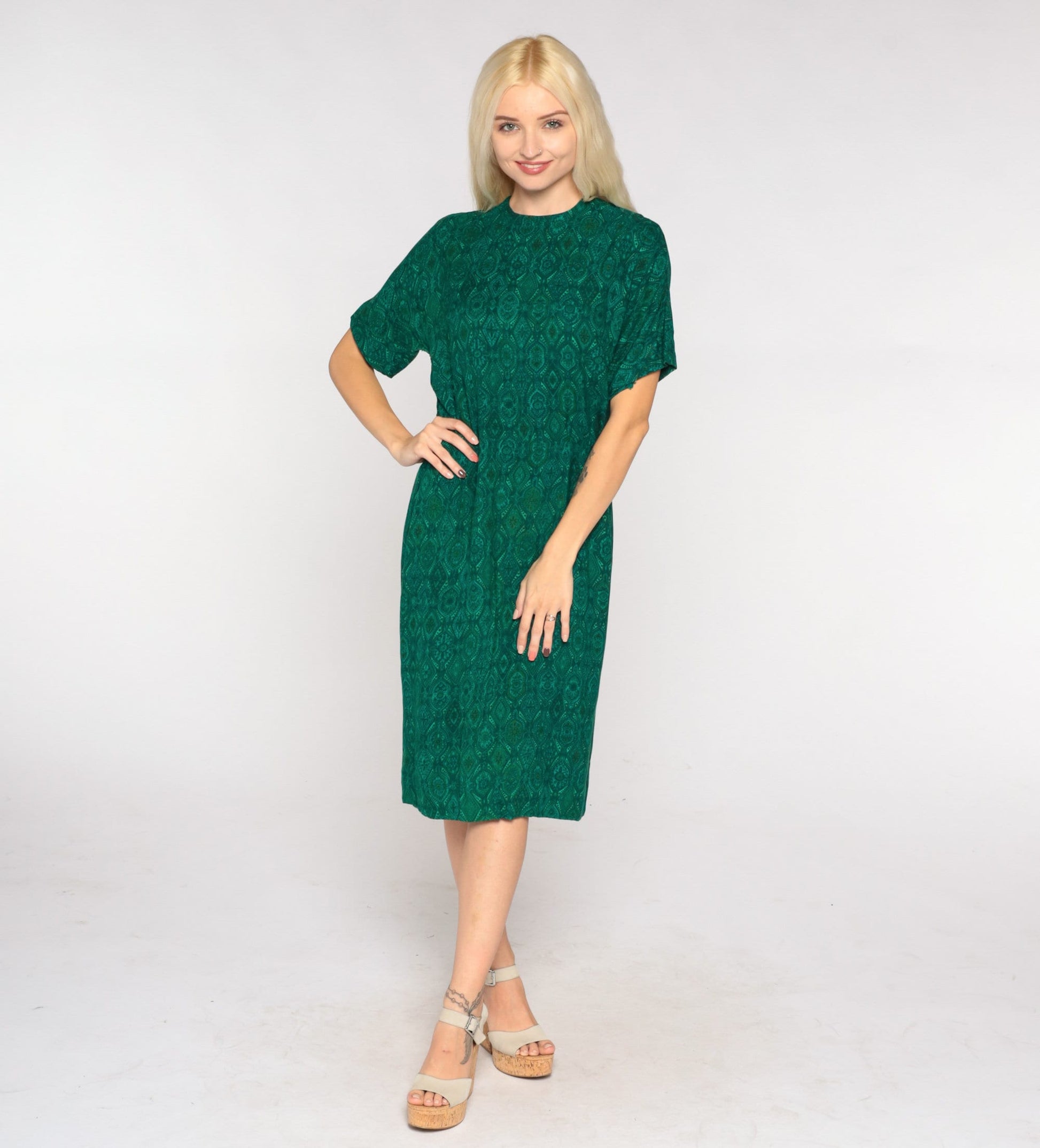 60s Green Tile Print Shift Dress Knee Length Short Sleeve Small
