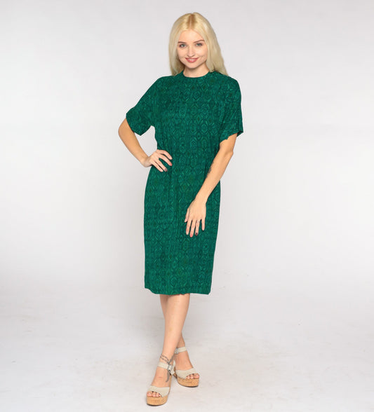 60s Green Tile Print Shift Dress Knee Length Short Sleeve Small