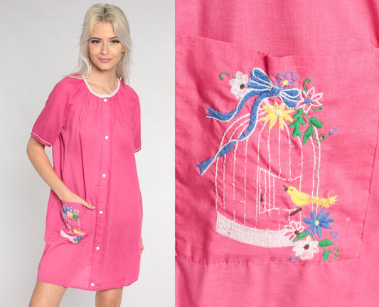 80s Pink Floral Bird Embroidered Nightgown Short Sleeve Snap Front Large