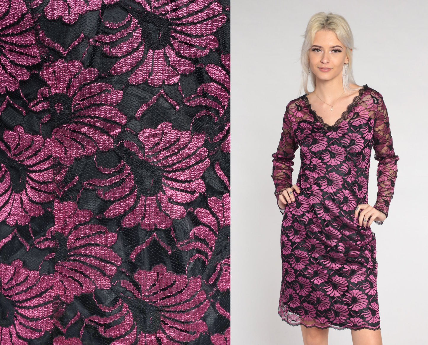 90s Black Metallic Fuchsia Floral Lace Mini Dress V Neck Low Back Medium
