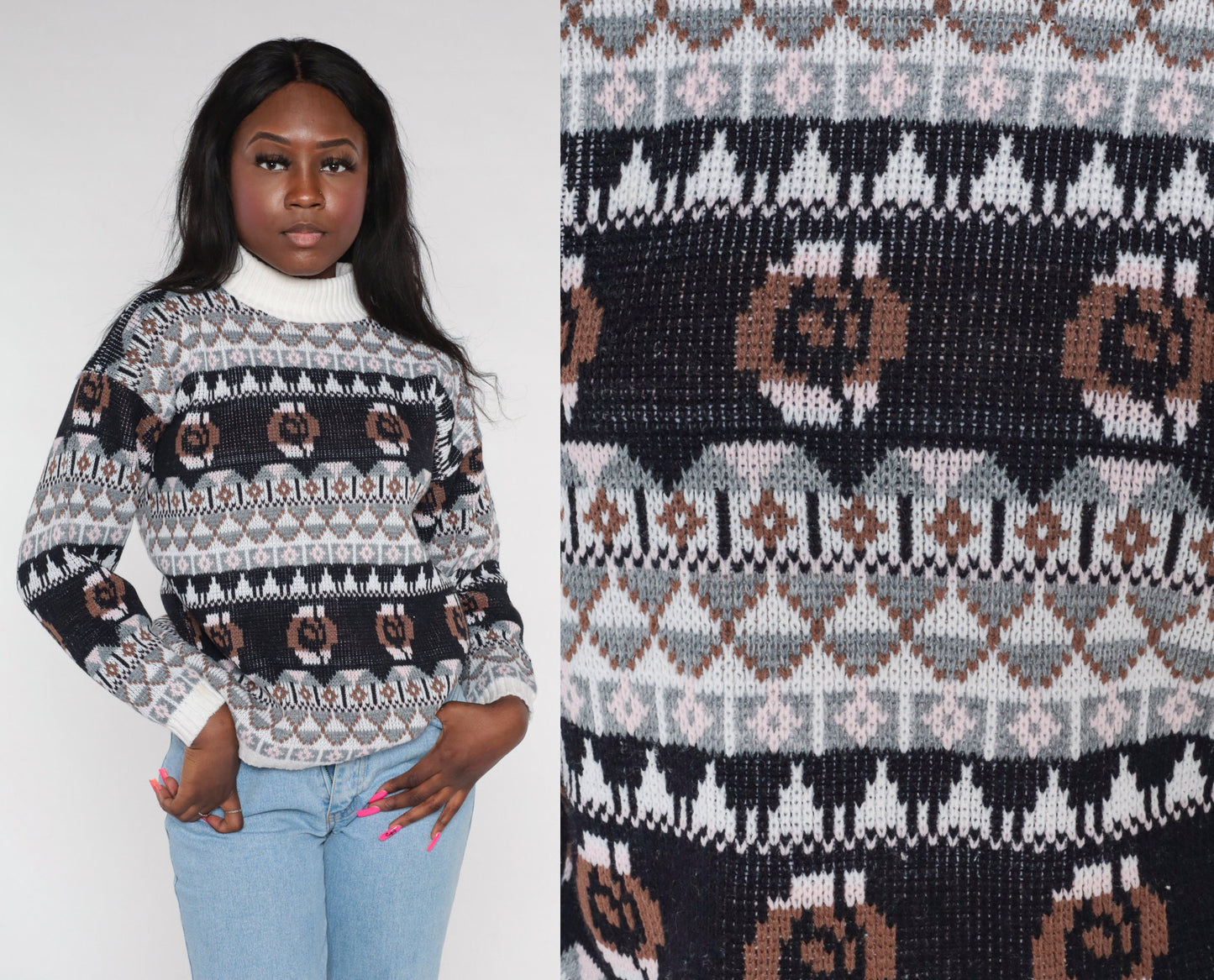 90s Geometric Fair Isle Knit Sweater Mock Neck Pullover Black White Grey Brown Medium