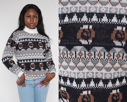90s Geometric Fair Isle Knit Sweater Mock Neck Pullover Black White Grey Brown Medium