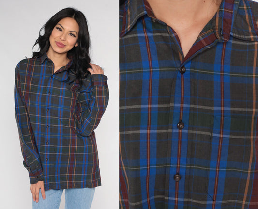 90s Grey Blue Plaid Button-Up Shirt Long Sleeve Mens Large L