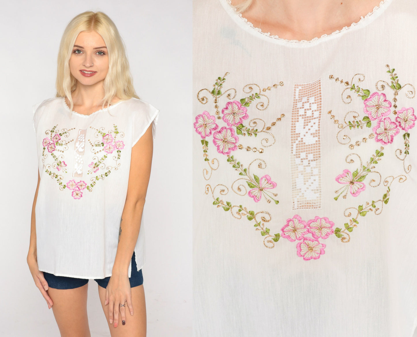 90s Bali Embroidered Tank Top White Metallic Floral Cutwork Cap Sleeve Medium