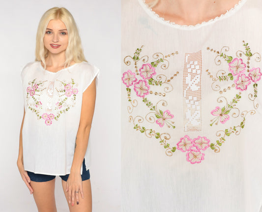 90s Bali Embroidered Tank Top White Metallic Floral Cutwork Cap Sleeve Medium