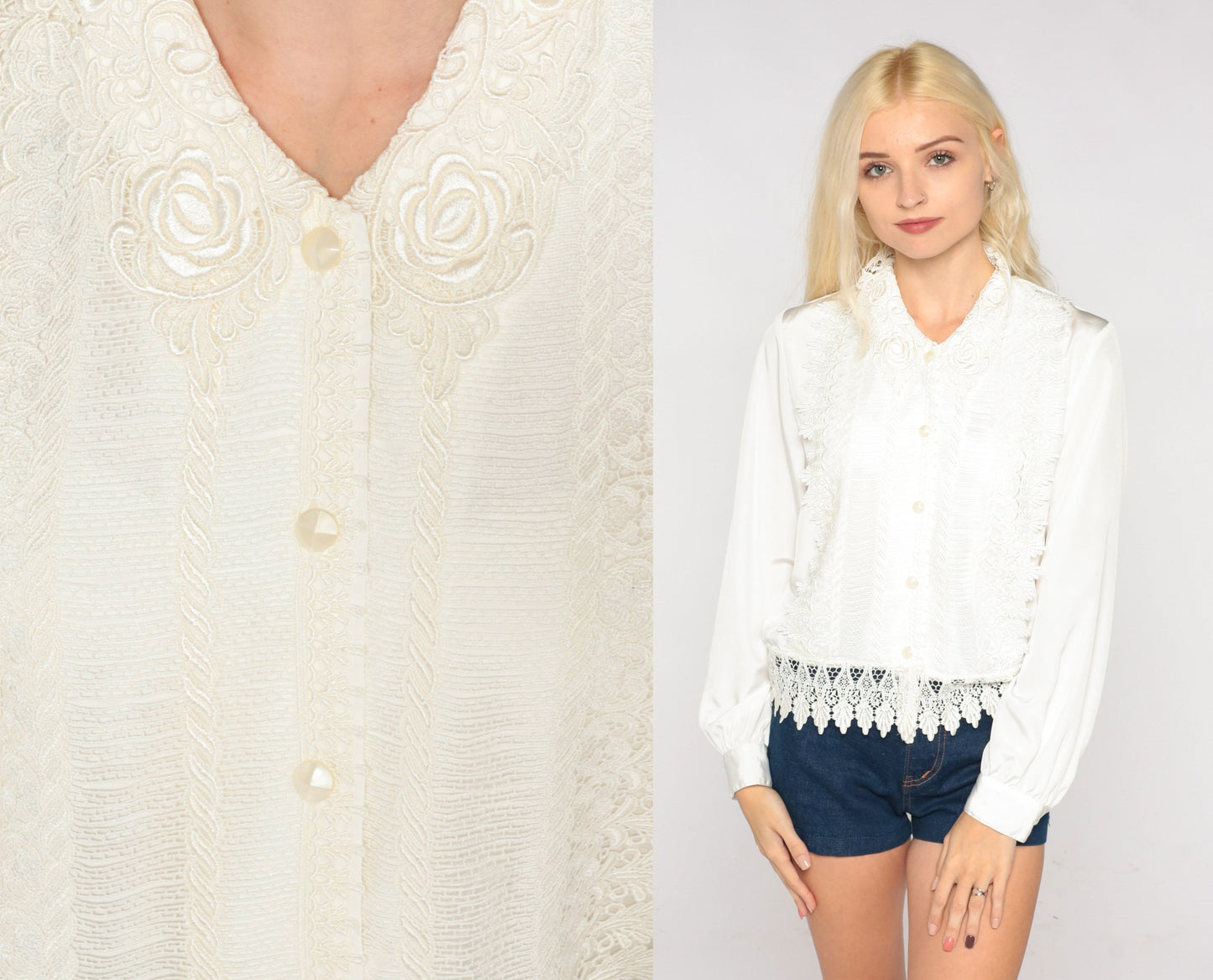 00s White Lace Floral Overlay Blouse Long Sleeve Button Up Medium M