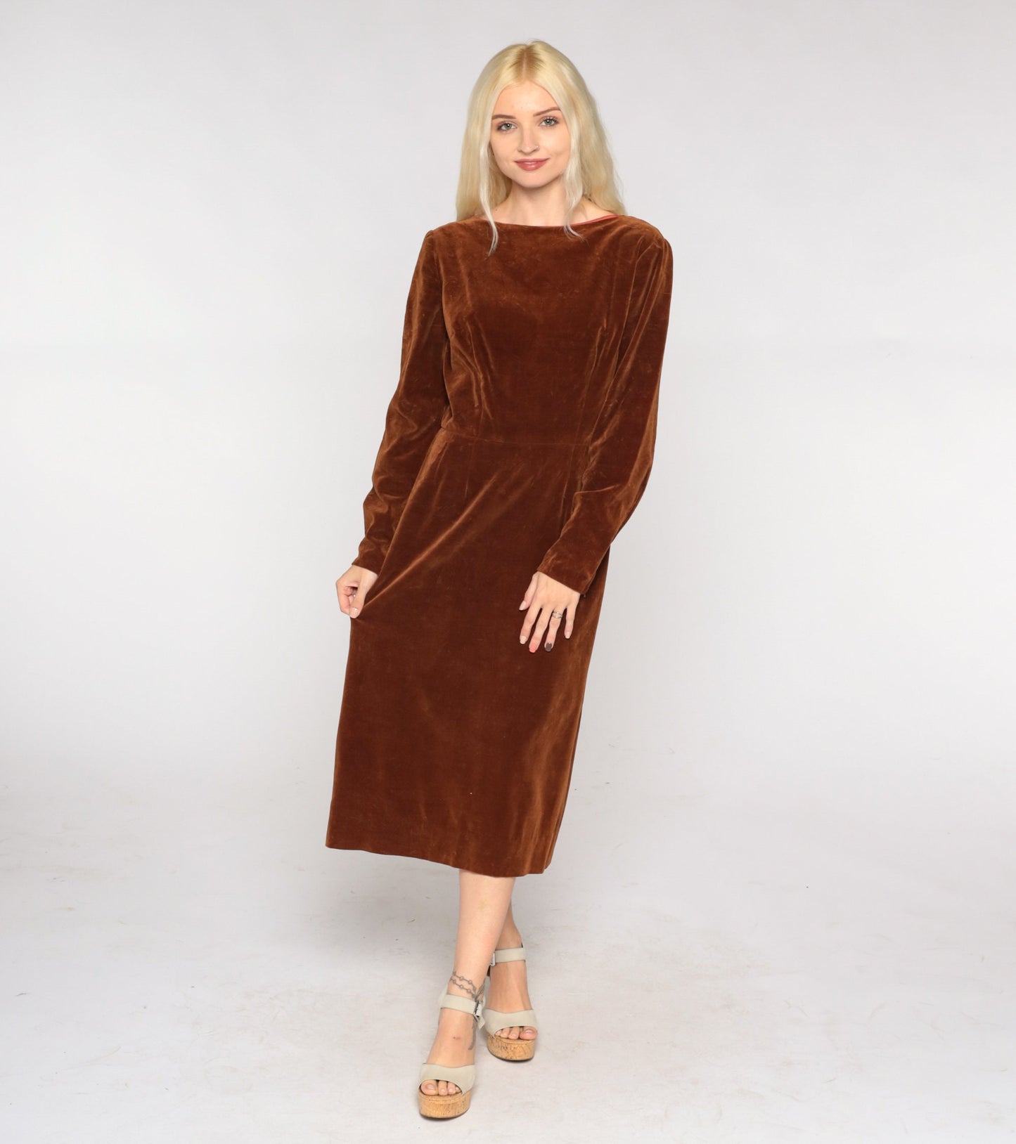 60s Brown Velvet Midi Dress Long Sleeve High Waist Low Back Small