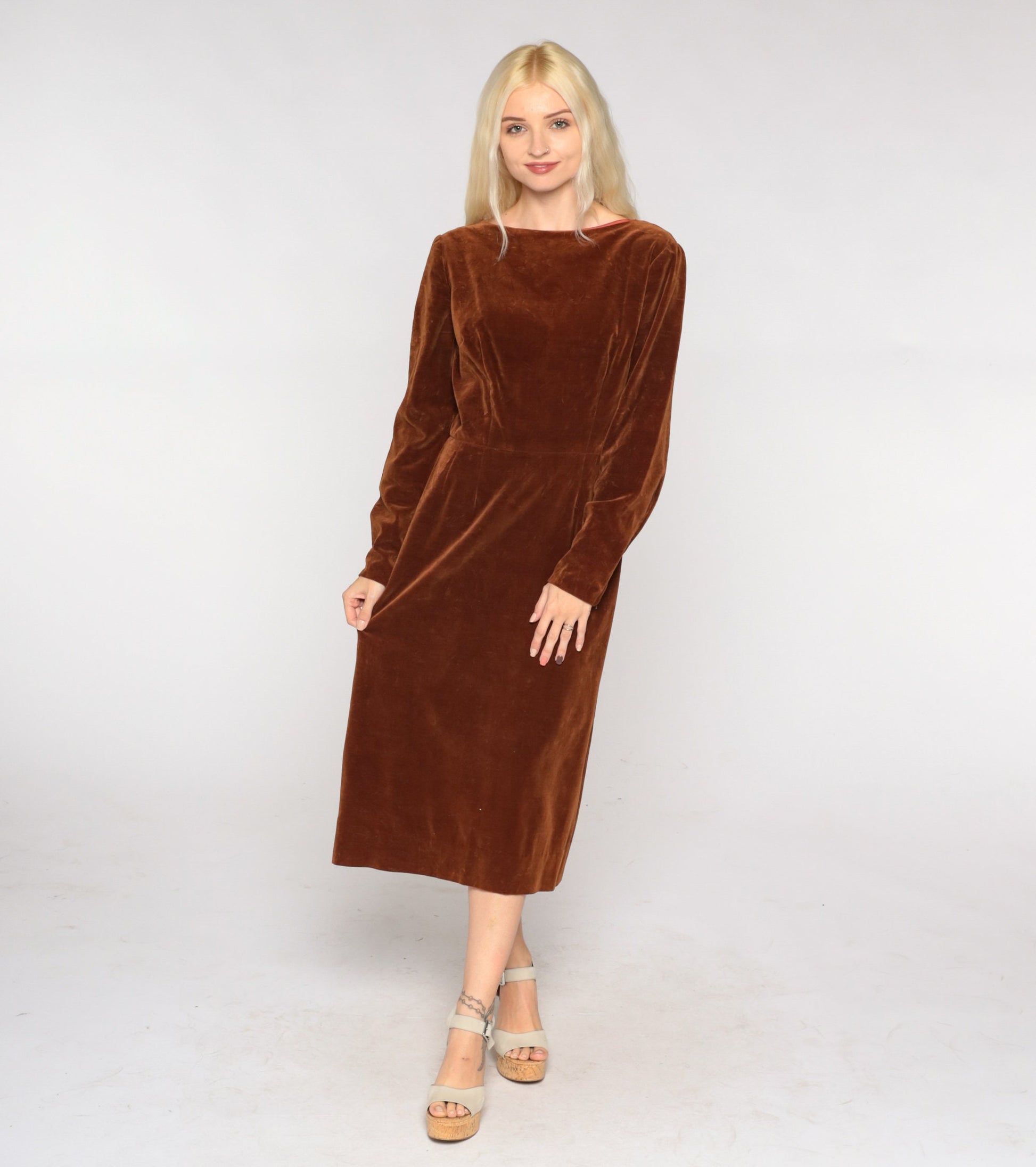 60s Brown Velvet Midi Dress Long Sleeve High Waist Low Back Small