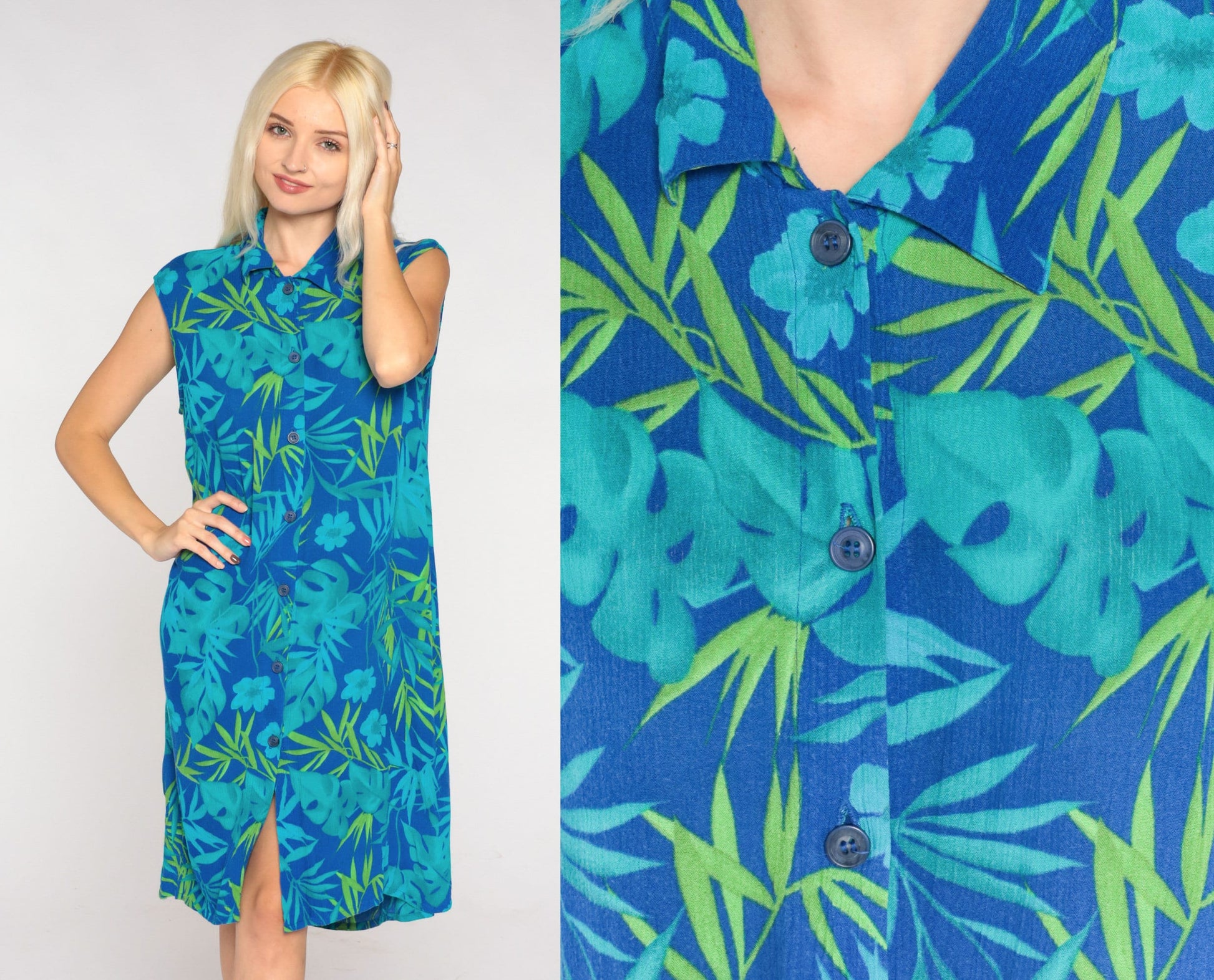 00s Blue Tropical Floral Mini Shirtdress Sleeveless Button Up Large 12