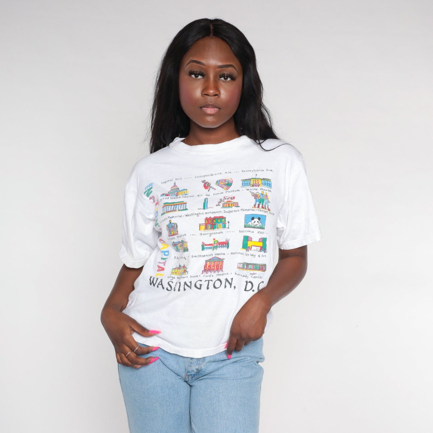 90s Washington DC Landmarks Graphic T-Shirt White Cotton Tee Medium M