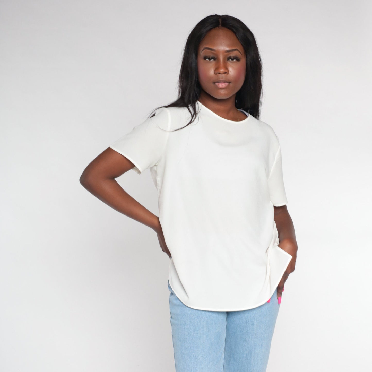 80s White Short Sleeve Blouse Keyhole Back Button Large L