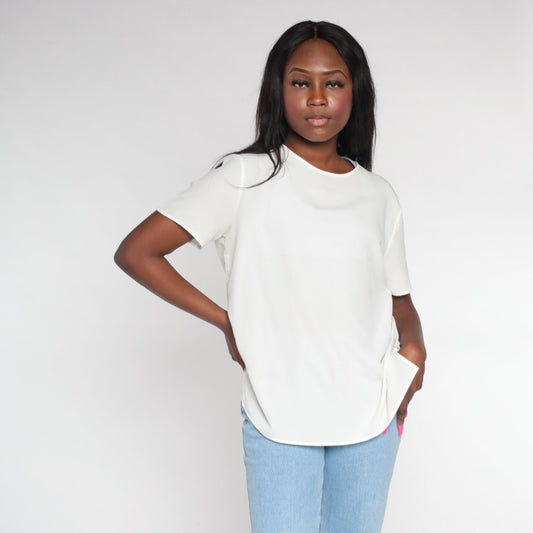 80s White Short Sleeve Blouse Keyhole Back Button Large L