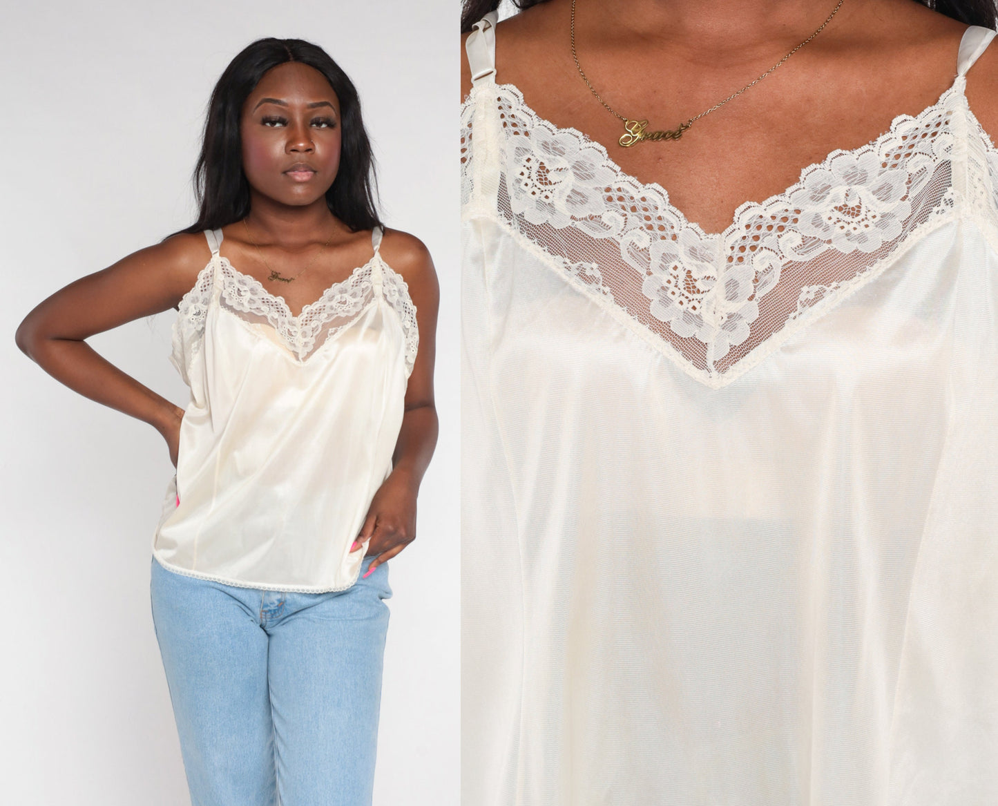 80s Off-White Nylon Lace Trim Camisole Tank Top Extra Large XL