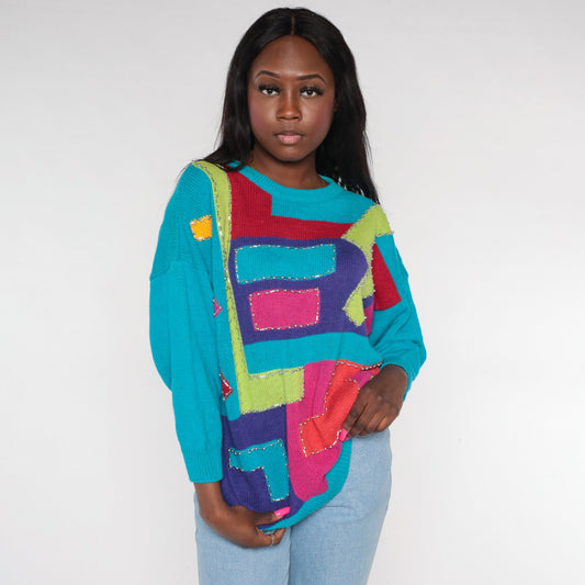 90s Geometric Beaded Sweater Turquoise Blue Abstract Knit Pullover XXL