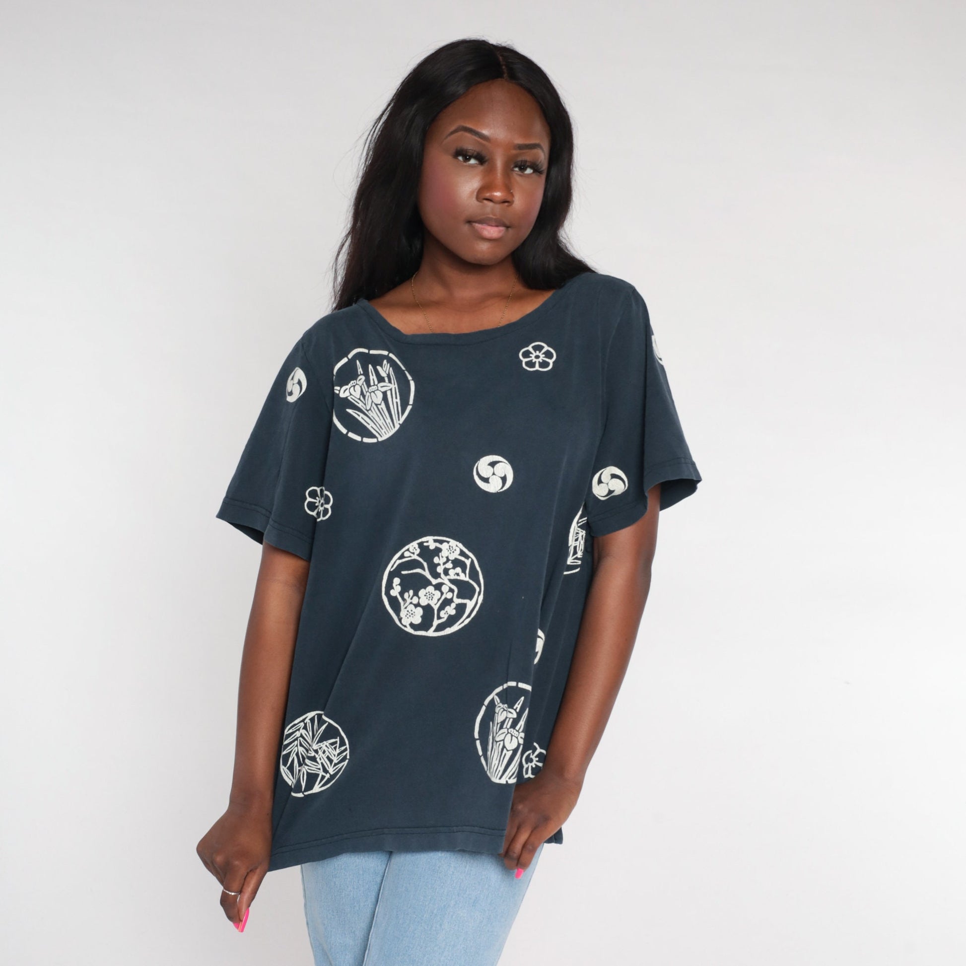 90s Japanese Floral Graphic Tee Black Cotton Cherry Blossom Extra Large XXL
