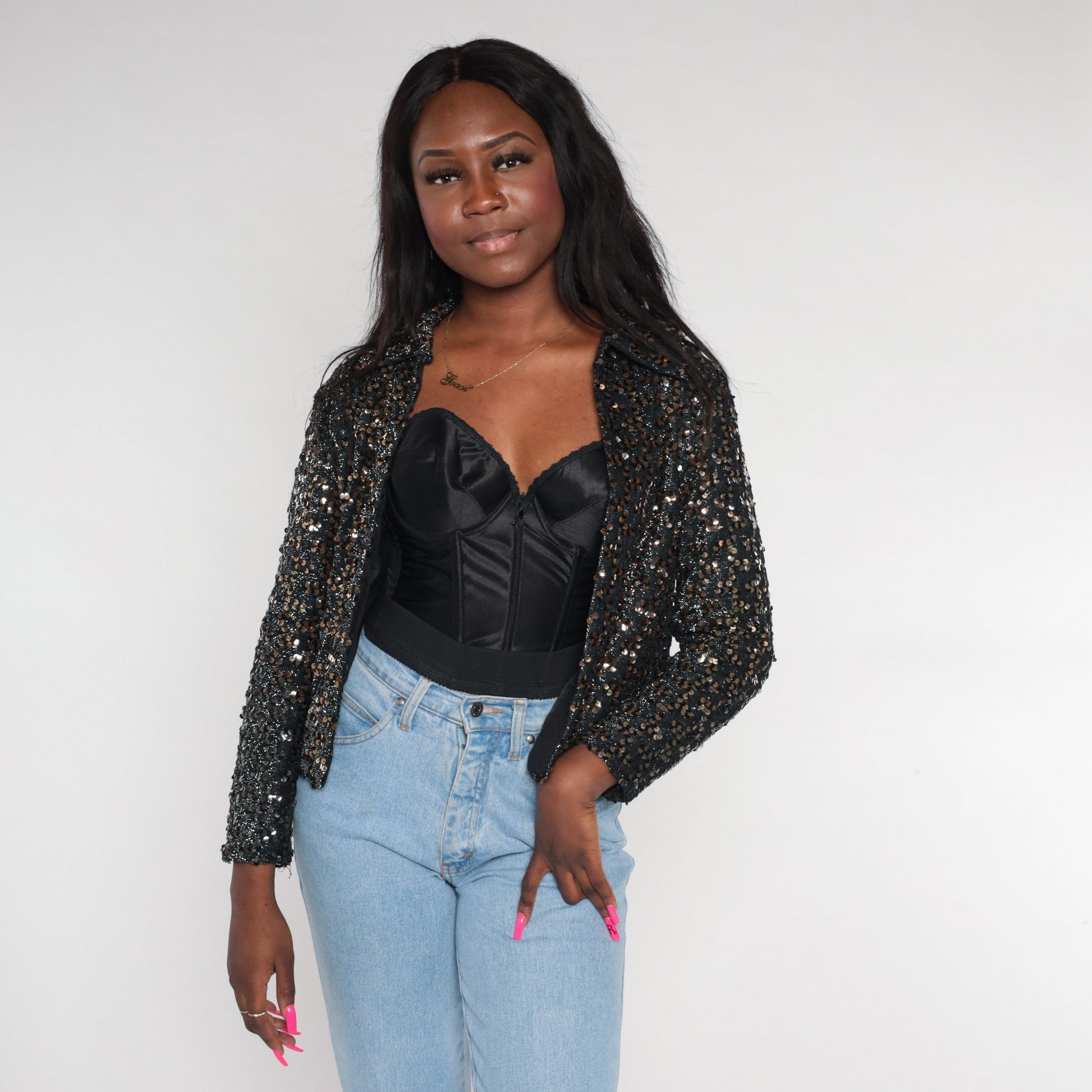 80s Black Bronze Sequin Blazer Open Front Collared Jacket Small S