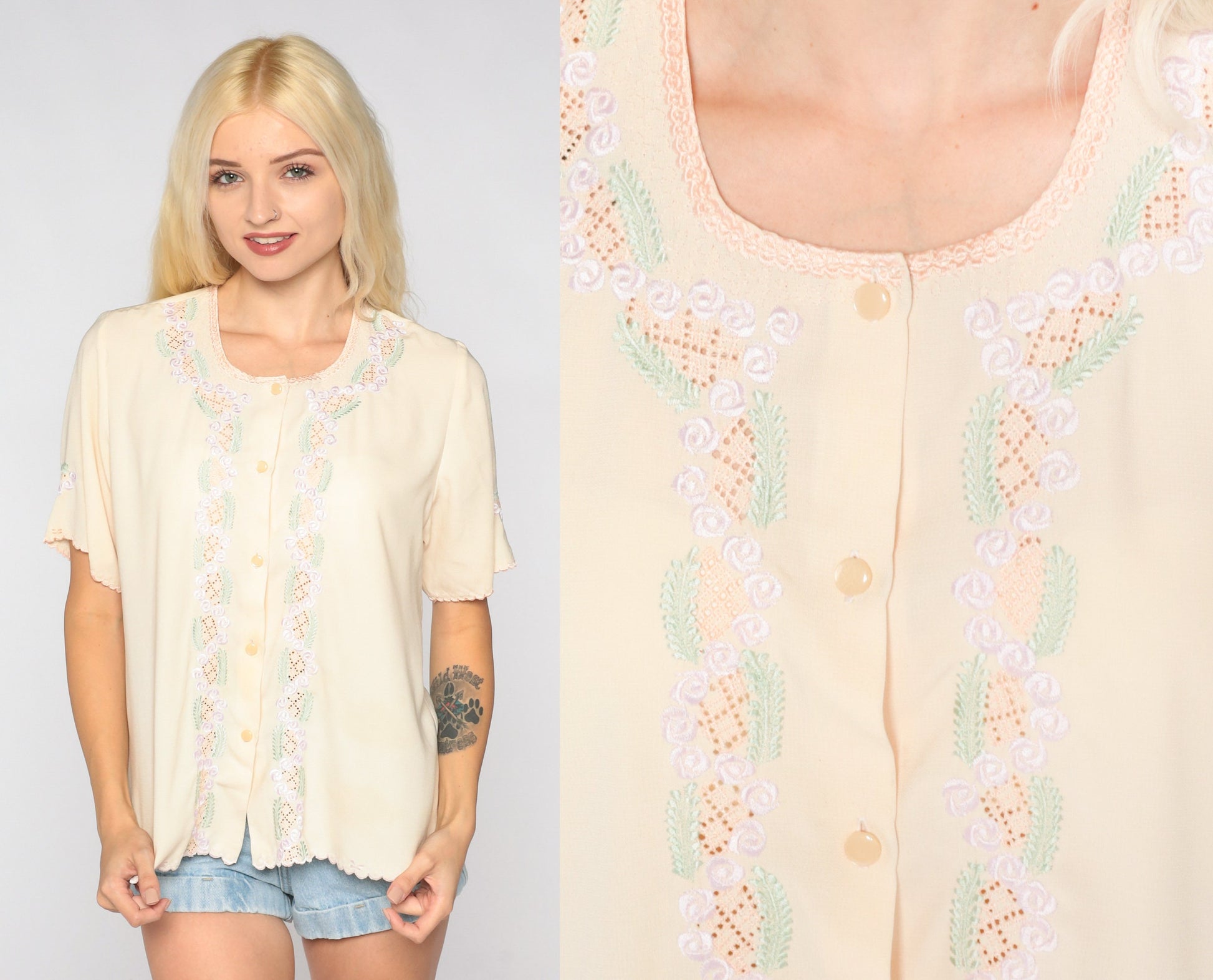 80s Yellow Floral Embroidered Cutwork Button-Up Blouse Short Sleeve Medium