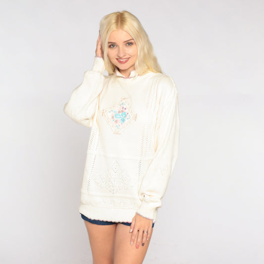 90s White Pointelle Knit Sweater Floral Embroidered Collared Pullover Medium M