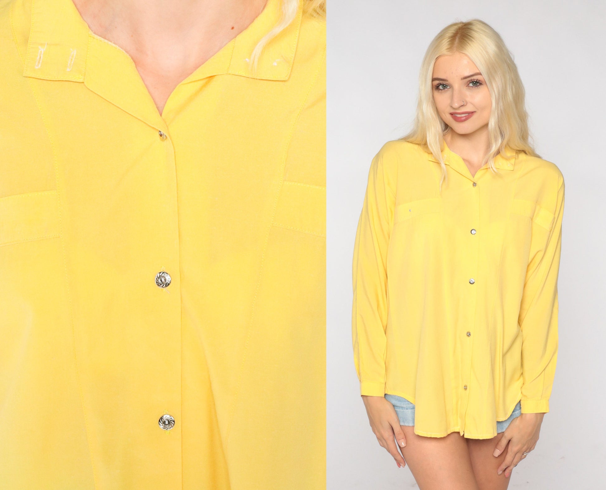 90s Yellow Button-Up Blouse Long Sleeve Collared Shirt Large L