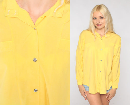 90s Yellow Button-Up Blouse Long Sleeve Collared Shirt Large L