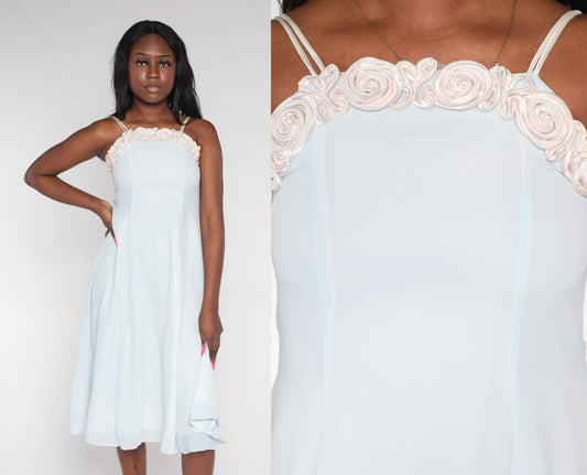 90s Pale Blue Midi Dress Pearl Beaded Rosette Neckline Sleeveless Extra Small