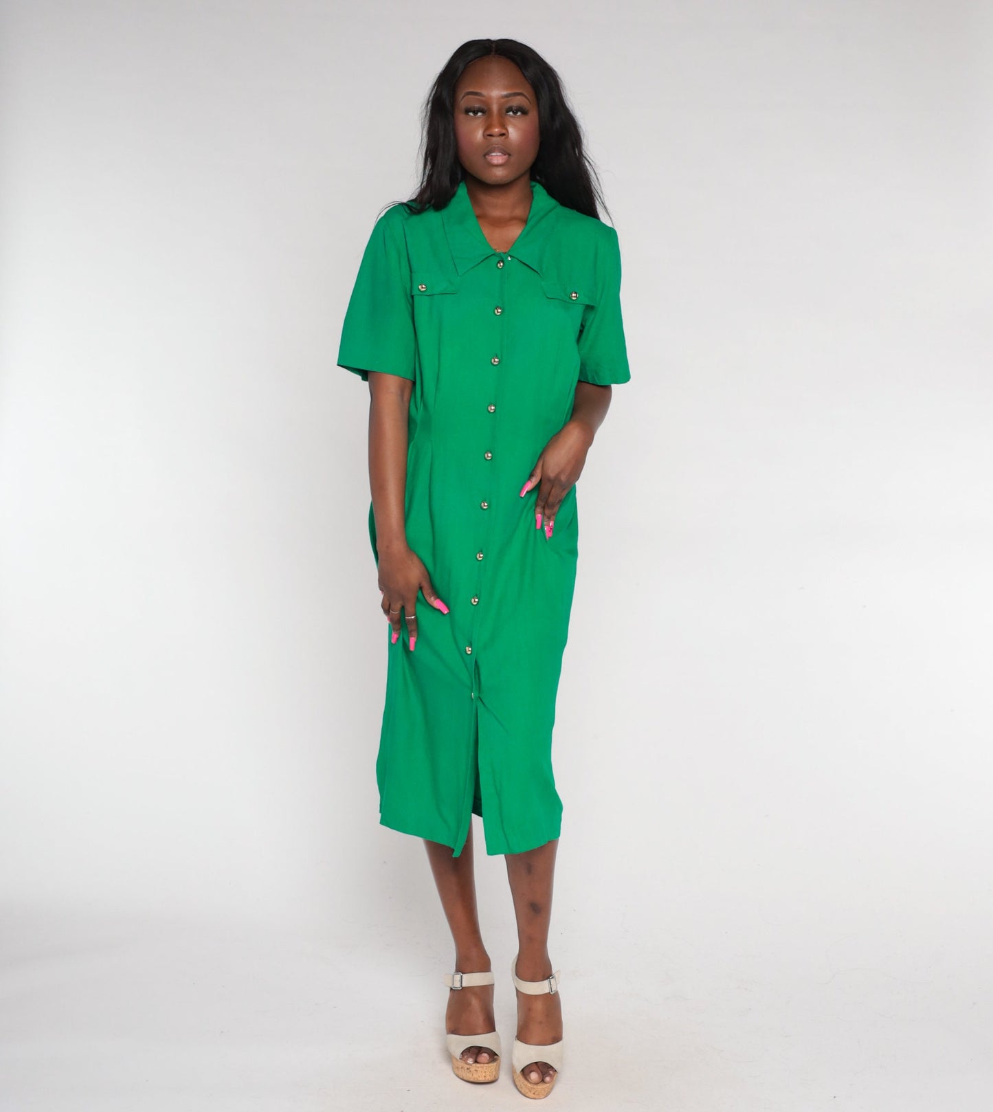 90s Green Silk Midi Shirtdress Short Sleeve Button-Up Medium