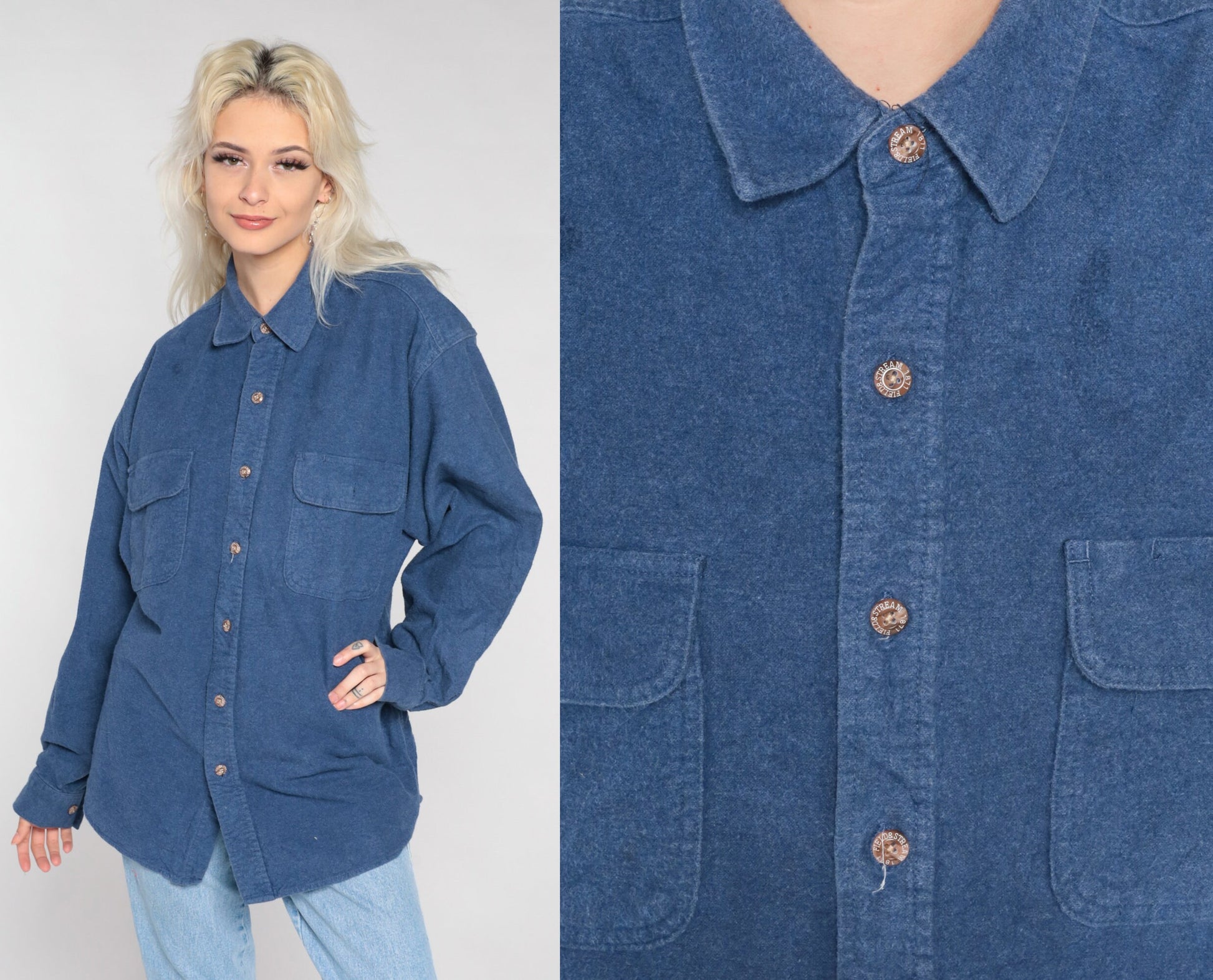 Y2K Blue Cotton Button-Up Shirt Long Sleeve Collared Oxford Men's Extra Large