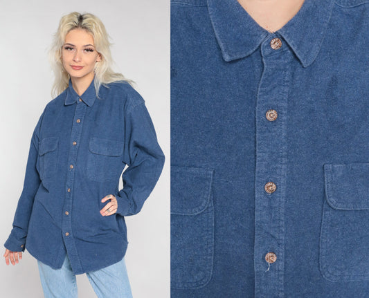 Y2K Blue Cotton Button-Up Shirt Long Sleeve Collared Oxford Men's Extra Large