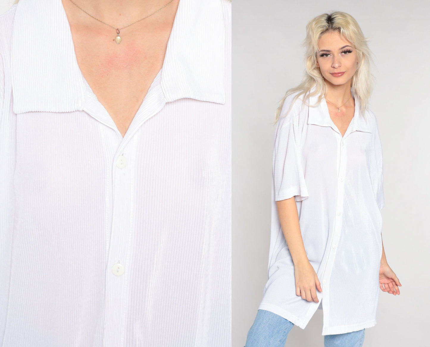 Y2K White Ribbed Button-Up Shirt Short Sleeve Collared Top Extra Large XL