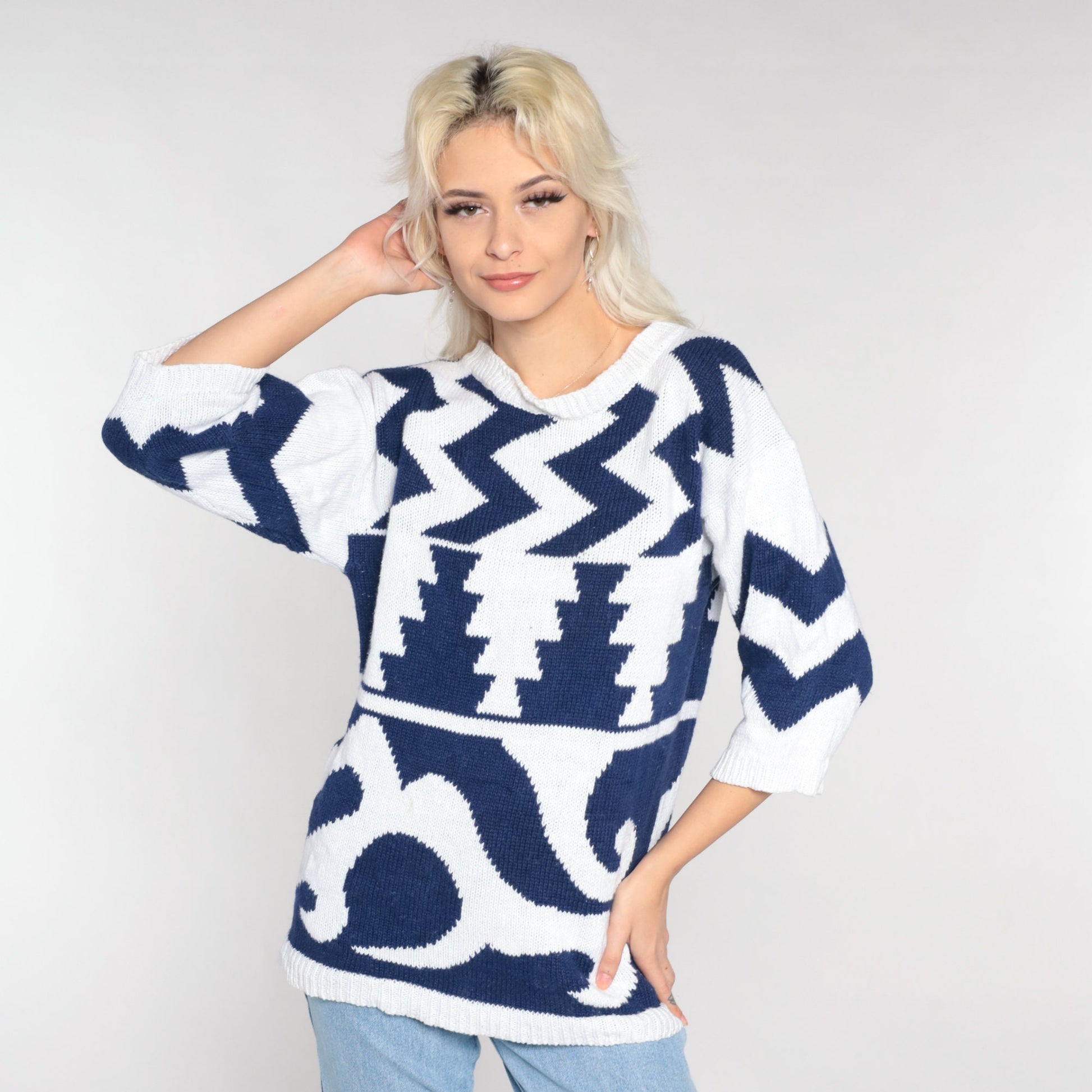 90s White Knit Sweater Navy Abstract Geometric Zig Zag Print 3/4 Sleeve Medium