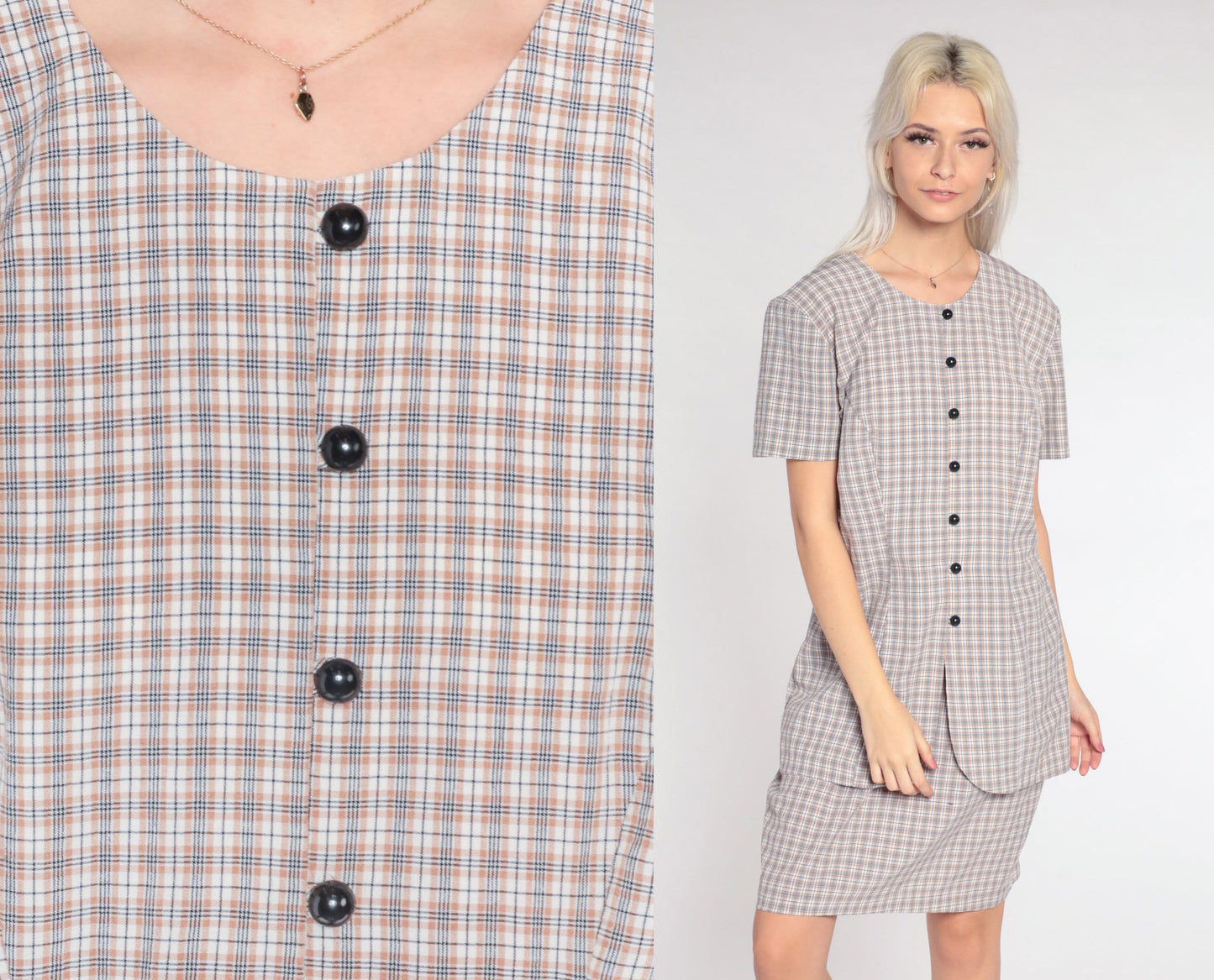 90s Plaid Mini Dress White Tan Checkered Button-Up Shift Short Sleeve Large