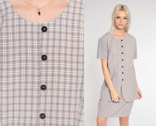 90s Plaid Mini Dress White Tan Checkered Button-Up Shift Short Sleeve Large