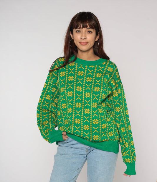 90s Green Fair Isle Snowflake Sweater Yellow Geometric Knit Crewneck Large L