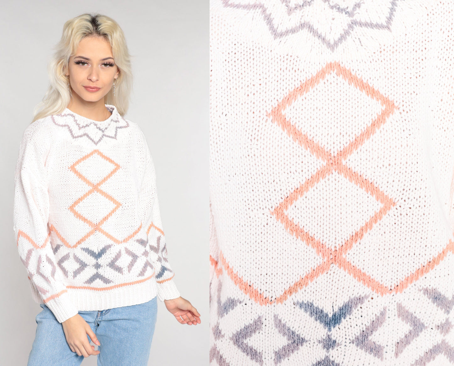 90s Diamond Geometric Knit Sweater White Cotton Ramie Pullover Medium M