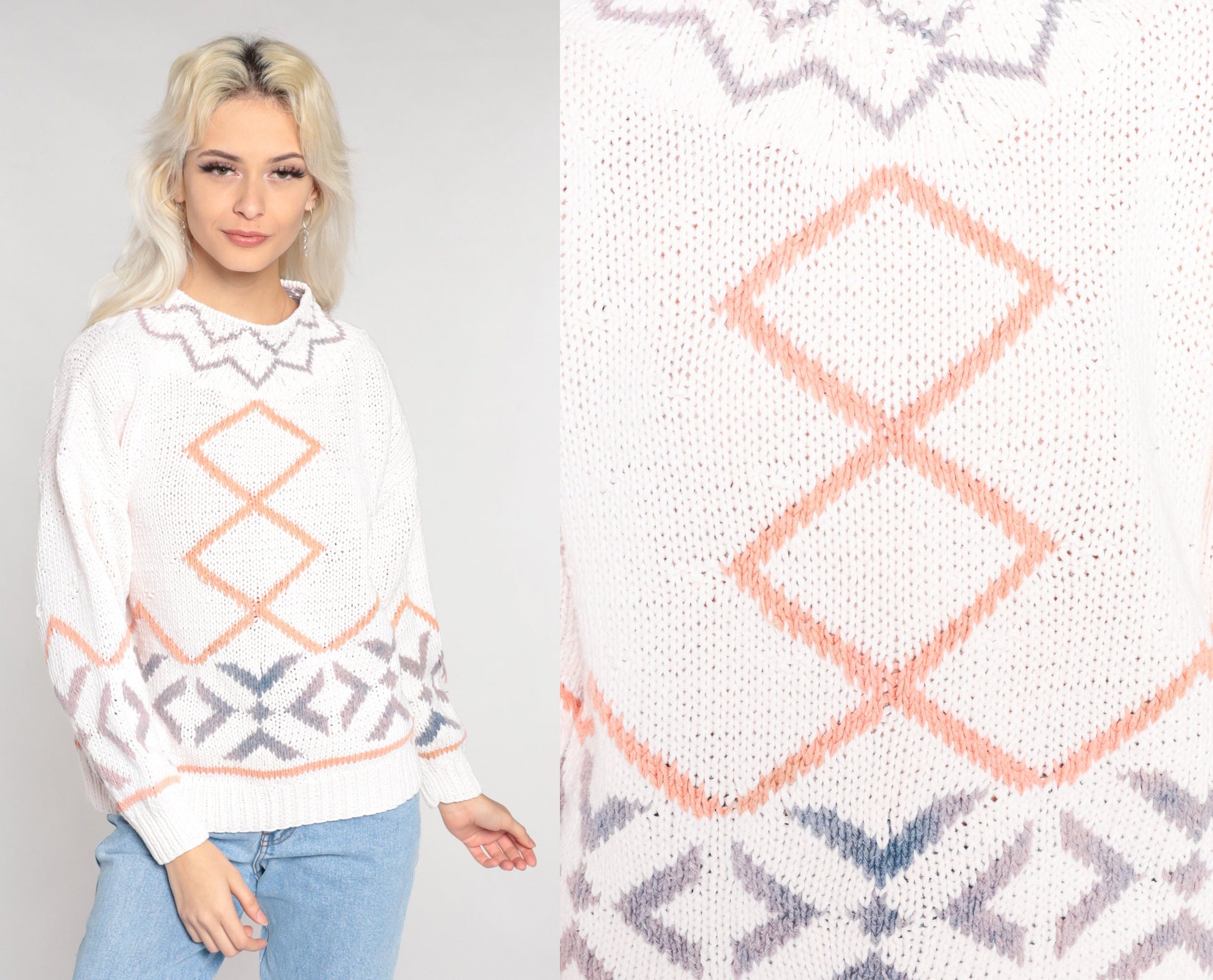 90s Diamond Geometric Knit Sweater White Cotton Ramie Pullover Medium M